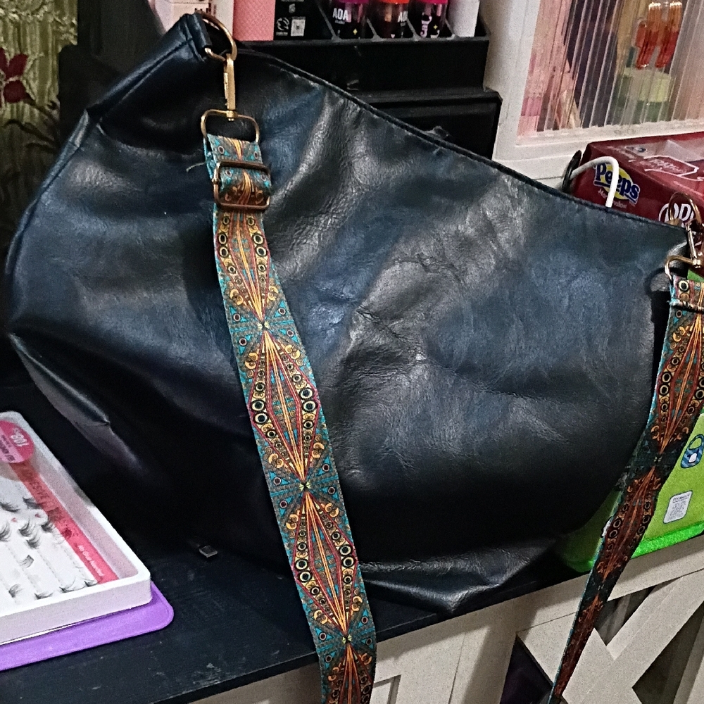 Black Women's Everyday Hobo Bag with Patterned Strap